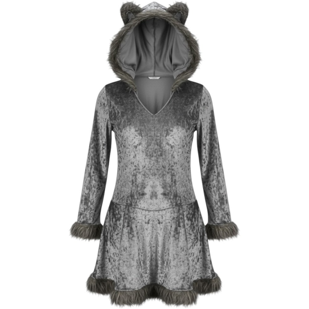 Spirit Halloween Wolf Costume Womens 1X/2X Gray Velvet Faux Fur Hood Tail Plus
